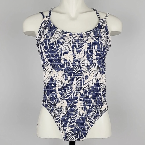 Anne Cole Studio One Piece Open Back Swimsuit Palm Print Blue Antique White Sz 8 - Picture 4 of 16